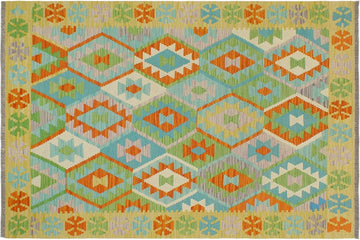 Flat Weave Kilim, Antique, Navaho, Vintage, Handmade, Geometric Kilim Blue Gold Hand-Woven Rectangle 100% Wool Area Rug 4 x 6